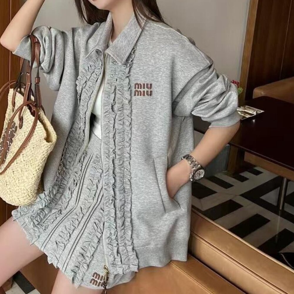 Miu Miu  women's gray lace lace zipper jacket + skirt set